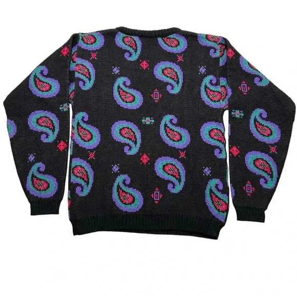 Vintage 80s Black Paisley Neon Multi Colored Sweater Women’s Small Retro Vibrant - Picture 2 of 6